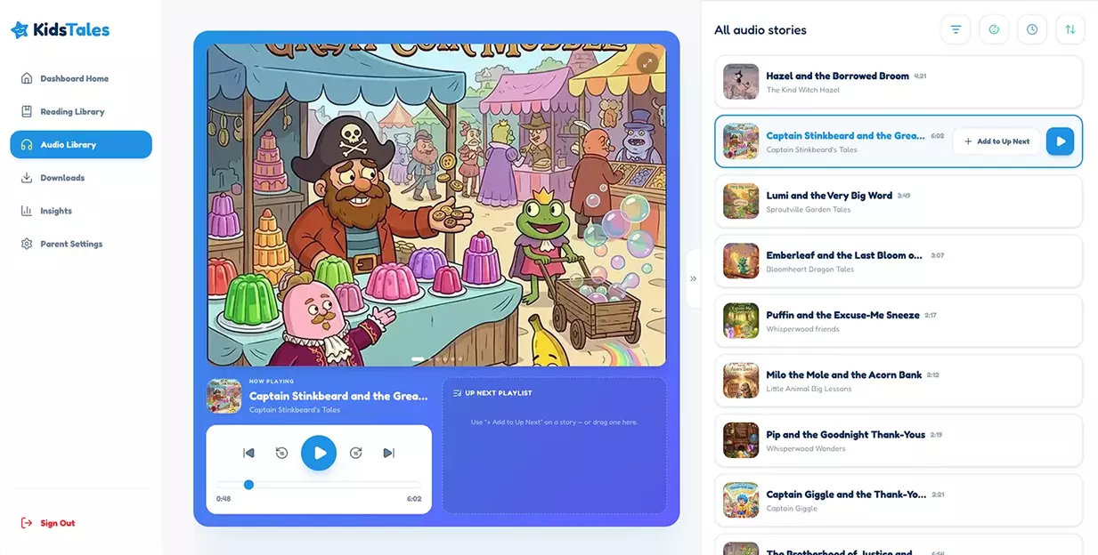 The Kids Tales audio library in a web browser, playing a story with the list of audio stories beside it