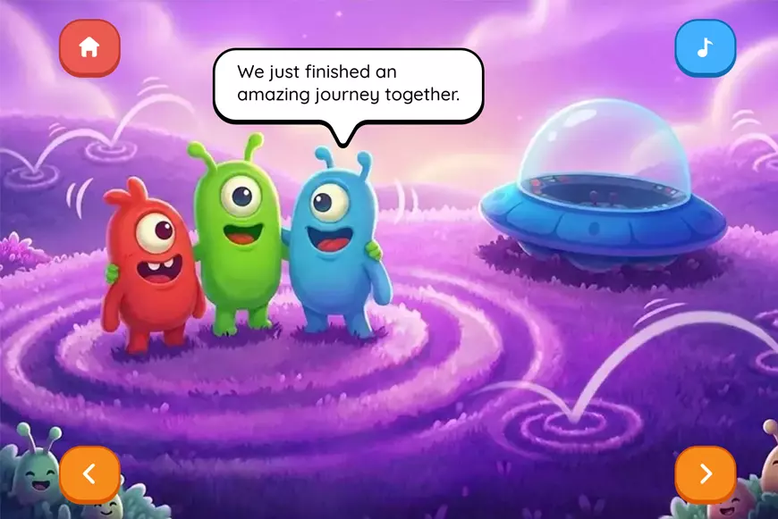 Laffari animated bedtime story on a tablet: three friendly aliens in a spaceship