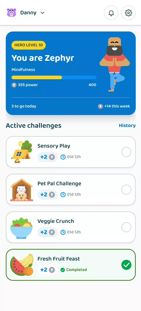 Power Pals on a phone: a child's list of active missions and power earned