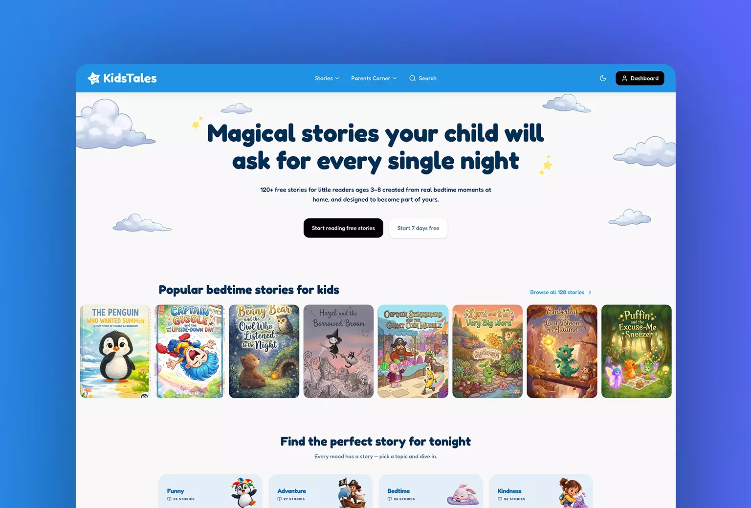 The Kids Tales home page: magical stories your child will ask for every night, with popular bedtime stories below