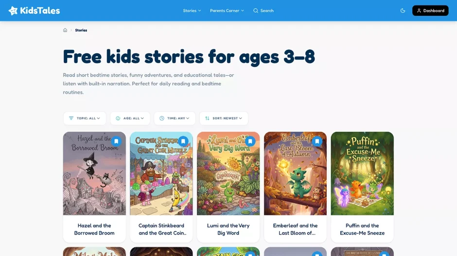 The Kids Tales story library in a web browser